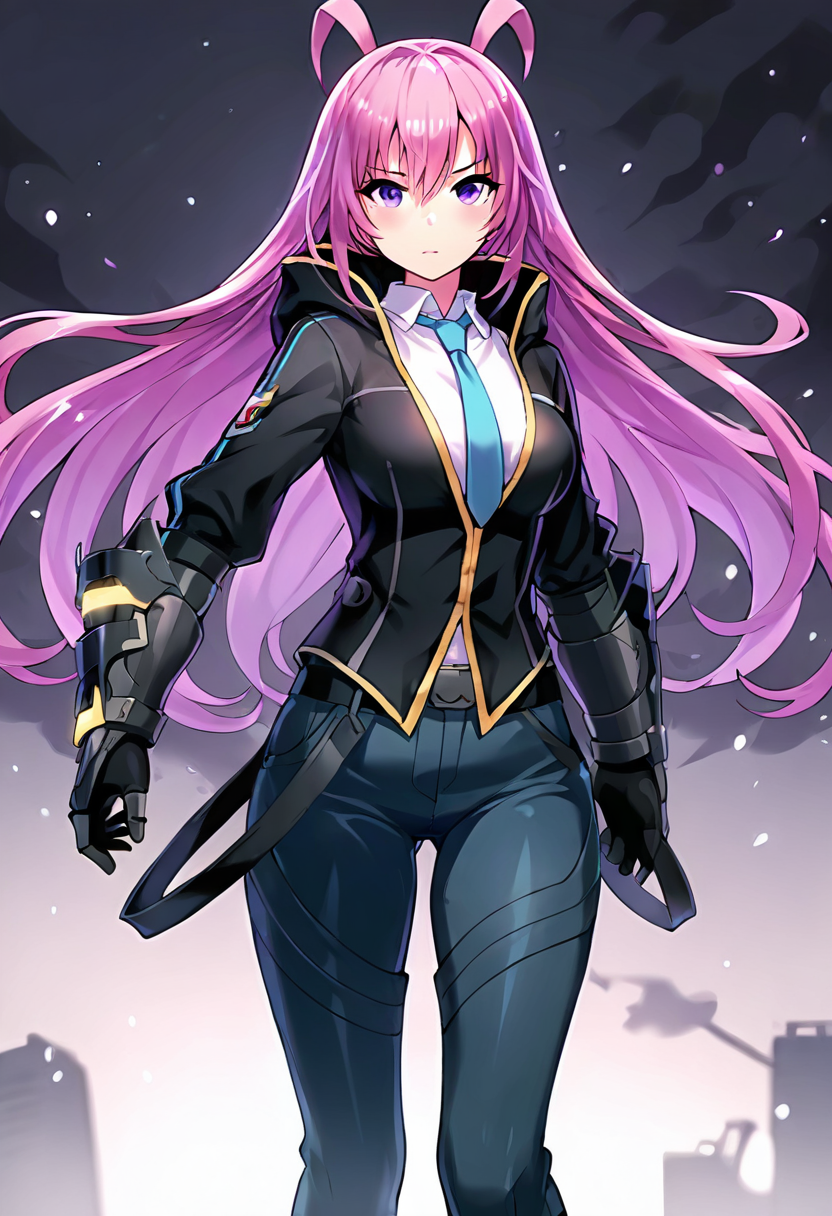 <lora:jinsepatus_IXL:0.7><lora:LupanV3IXL-10:0.6> 1girl,((lupan)),shock-pink hair,long hair,purple eyes ,white shirt,blue necktie, jinclassicoutfit,black jacket,blue pants,hood,
,gauntlets,
,best quality,masterpiece