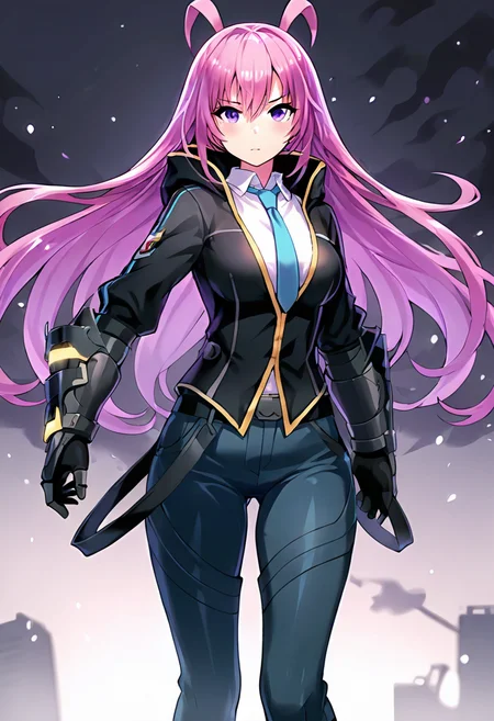 <lora:jinsepatus_IXL:0.7><lora:LupanV3IXL-10:0.6> 1girl,((lupan)),shock-pink hair,long hair,purple eyes ,white shirt,blue necktie, jinclassicoutfit,black jacket,blue pants,hood,
,gauntlets,
,best quality,masterpiece
