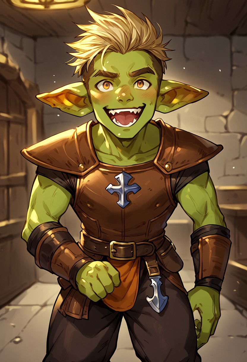 solo, male, short goblin with large head, green skin, small body, exaggerated goblin proportions, dangerous, character focus, leather armor, pants, indoors, open eyes, happy, adventurers guild, standing, depth of field, score_9, score_8_up, score_7_up, <lora:granblue_fantasy_v2:0.45> <lora:Expressive_H:1> PonyXL_NegScor