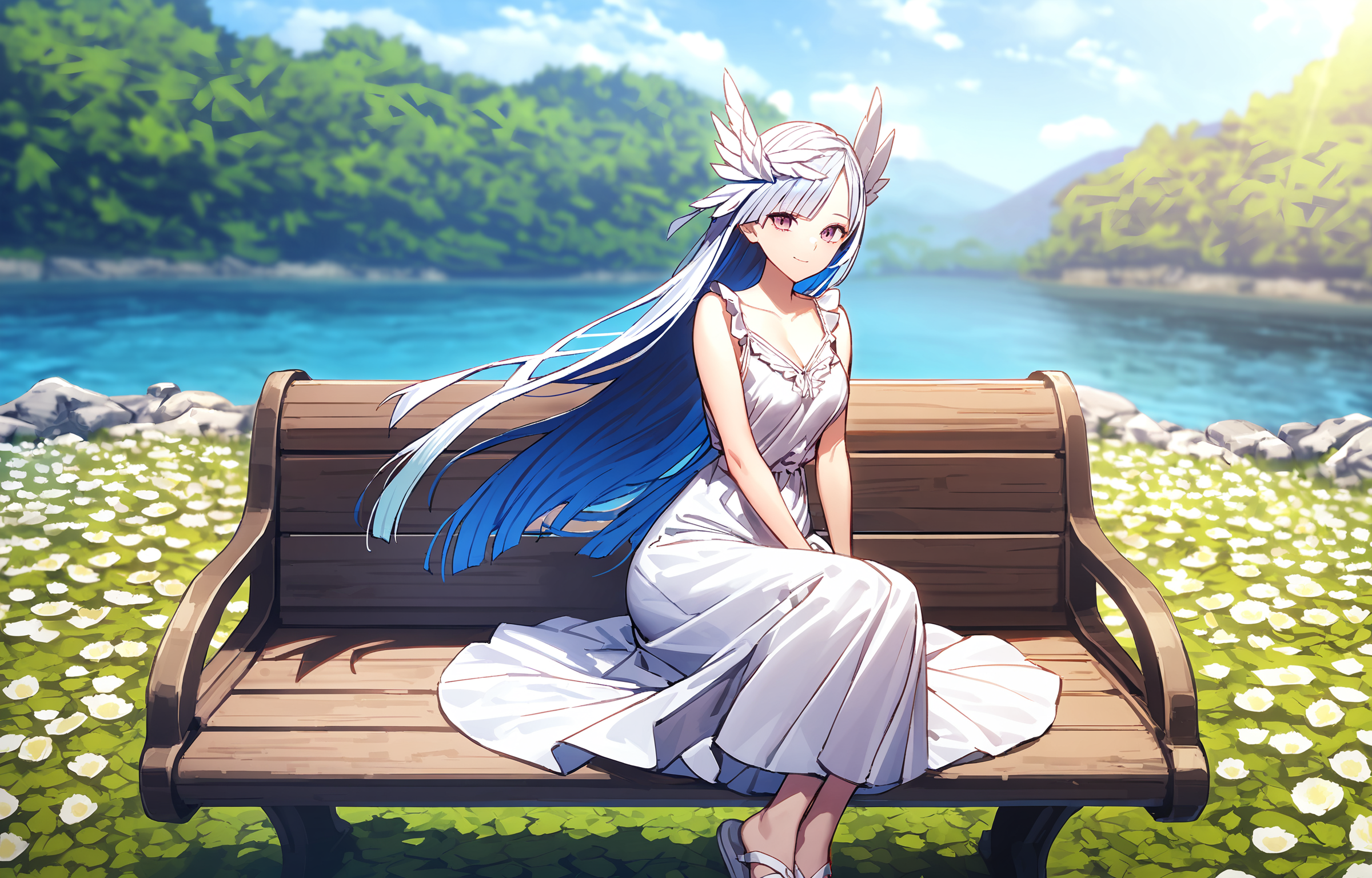 masterpiece, best quality, absurdres, very authentic, general, 1girl, solo, brynhildr \(fate\), fate/grand order, feather hair ornament, full body, sitting, on bench, very long hair, colored inner hair, white chemise, long dress, looking at viewer, light smile, blurry background, depth of field, scenery, outdoors, lens flare, blue sky, day, detailed background, white sandals, painting \(medium\), thick outlines, <lora:KishidaMel-anxl31-000036:1>,