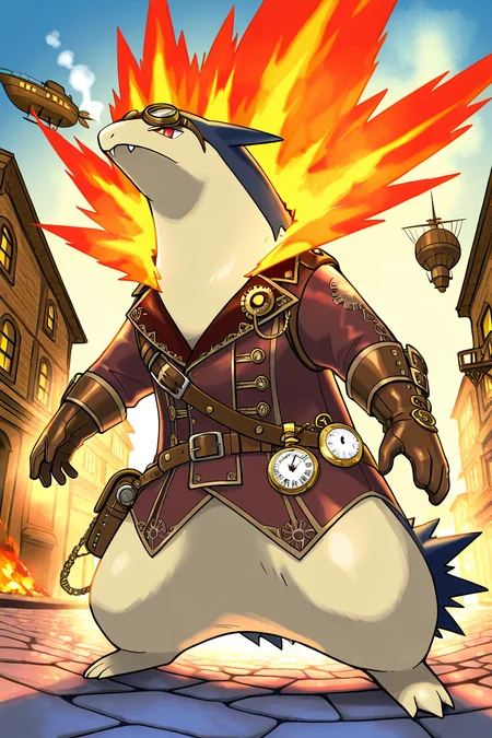 masterpiece, best quality, no humans, pokemon (creature), fire, <lora:TyphlosionPokedexIXL:1.0>, Steampunk, zzTyphlosion wearing Victorian-style clothing, brass goggles, leather gloves, pocket watch, gears and cogs, steam-powered machinery, cobblestone street, airship