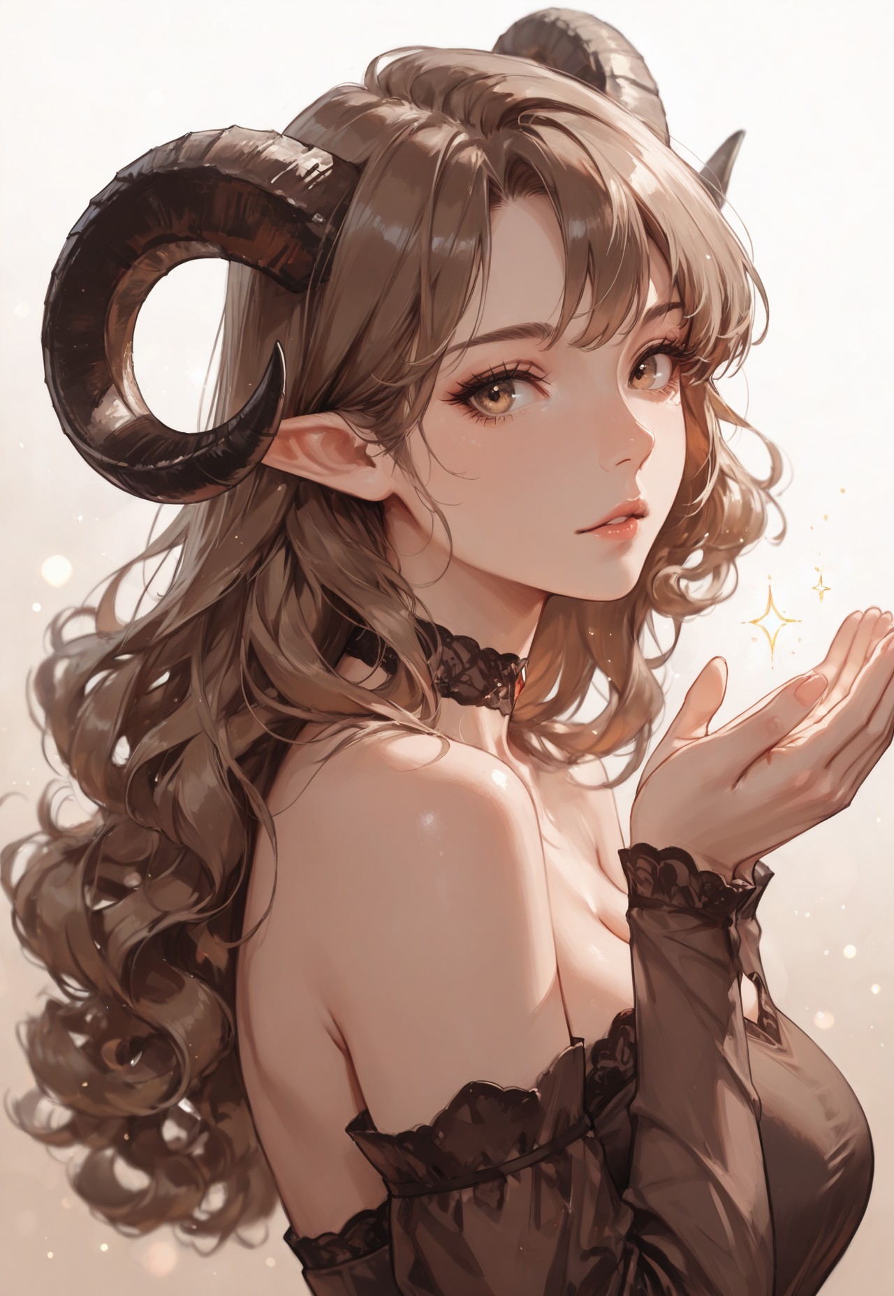 1girl, horns, solo, curly, curly hair, pointy ears, looking at viewer, brown hair, bare shoulders, upper body, sheep horns, , light brown eyes, dress, choker, curled horns, breasts,, detached sleeves, brown dress, nose, from side, brown hair, eyelashes, see-through, hazel eyes, looking to the side, strapless dress, demon girl, light particles, sparkle, cupping hands, simple background, white background, gradient background, brown background, looking at viewer, masterwork, masterpiece, best quality,  detailed, depth of field, , high detail, best quality, very aesthetic, 8k, dynamic pose, depth of field, dynamic angle, adult,  aged up