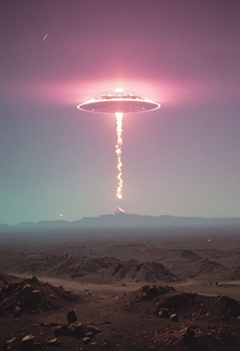 pastel neon niji colors, terraforming mecha-Pyramid Like drdnght machine hovering above planet earth 20000 bc. shooting rockets like a rocket launcher, By YMji Shinkawa,
.atmospheric haze, Film grain, cinematic film still, highly detailed, high budget, cinemascope, moody, epic, OverallDetail, gorgeous, 2000s vintage RAW photo, photorealistic, candid camera, color graded cinematic, eye catchlights, atmospheric lighting, skin pores, imperfections, natural, shallow dof,