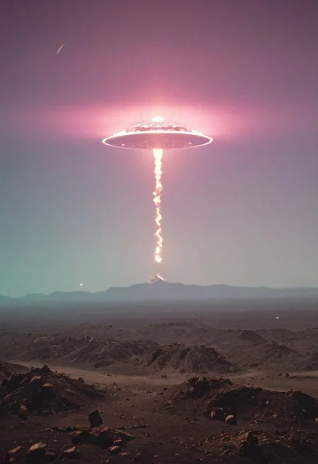 pastel neon niji colors, terraforming mecha-Pyramid Like drdnght machine hovering above planet earth 20000 bc. shooting rockets like a rocket launcher, By YMji Shinkawa,
.atmospheric haze, Film grain, cinematic film still, highly detailed, high budget, cinemascope, moody, epic, OverallDetail, gorgeous, 2000s vintage RAW photo, photorealistic, candid camera, color graded cinematic, eye catchlights, atmospheric lighting, skin pores, imperfections, natural, shallow dof,
