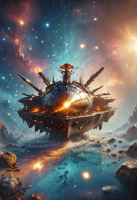 high quality, 8K Ultra HD, highly realistic, The great and sleek black ship is moving forward, blasting through space. It has powerful cannons facing forward that are unleashing powerful blue neutron beams upon an unseen foe. Embark on an enchanting 8K photorealistic journey as a magnificent starship blasts through a star system. The ship gracefully flies among other ships. The starship's design boasts advanced technological elements. The camera captures every minute detail, by VelvetS, octane render,from slightly to the side. perfectly symmetrical ship. Weapons fire blue energy beams,
<lora:DonM3t3rn1tyXL-v1.1:0.7>, DonM3t3rn1tyXL,
OverallDetailXL <lora:MJ52:0.3> <lora:SDXLFaeTastic2400:0.4>