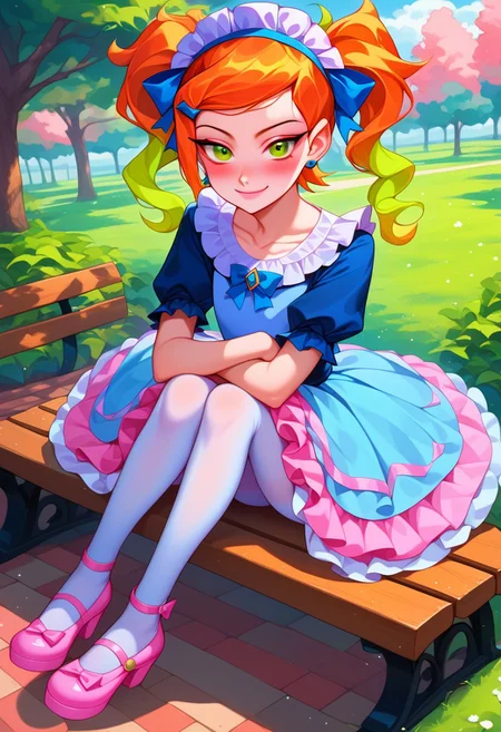 score_9, score_8_up, score_7_up, source_anime , 1girl, gwen tennyson (/Ben10)/, (ultra HD quality details), bright orange hair, pastel hair, long twintails, girly twintails, hair bows, multiple hair bows, very long hair, gradient hair, multicolored hair, pastel streaked hair, masterpiece, best quality, absurdres,
(pastel theme, lolitafashion:1.2), pastel lolitafashion, sweet lolitadress, blue shiny lolitadress, victorian dress, kawaii, cute, moe, puffy blue dress, petticoat, puffy sleeves, pastel colors, pastel blue, pastel blue, frilled bell skirt, pastel pantyhose, pastel dress, puffy sleeves, gloves, pastel headdress, many bows, multiple bows, ribbons, frills, frilled fabric, center frills, sparkles, glitter, cute lolitashoes,
lipstick, long eyelashes, eyeshadow, eyeliner, mascara, blush, pastel makeup,
outdoors, nature, park, park bench,
(solo:1.2), sitting, on bench, full body, dynamic pose, dutch angle, looking at viewer, v arms, half-closed eyes, happy smile, closed mouth,
intricate, highly detailed, majestic, shallow depth of field, movie still, circular polarizer