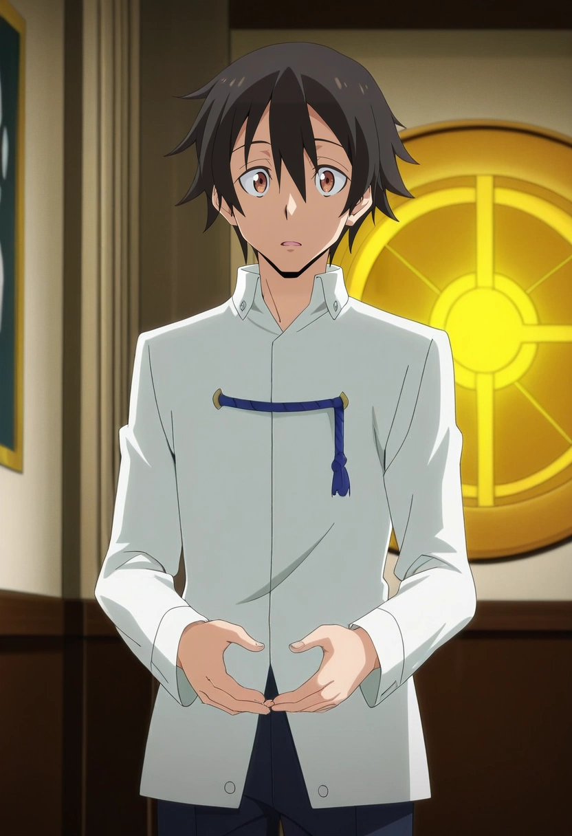masterpiece, best quality, anime screencap, official style, anime coloring, cowboy shot, 1boy, solo, male focus, <lora:yuuki_kagurazaka_ilxl:0.9>, yuuki_kagurazaka, black hair, brown eyes, short hair, hair between eyes, , museum hall, ancient artifacts, glowing exhibits, polished floors, admiring pose, awestruck expression, academic lighting,