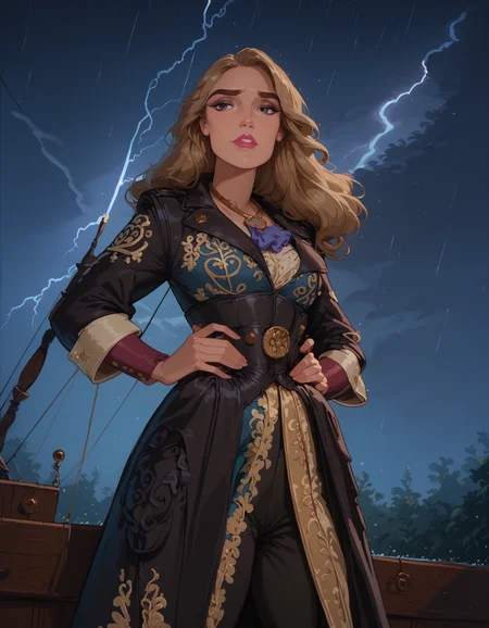 <lora:Disney_Style:.9> <lora:princess_xl_v2:.75> <lora:add-detail-xl:.9> <lora:g0th1cPXL:.3> <lora:Cherry-Gig:.45> <lora:Expressive_H:1> <lora:PLASTT_PonyV6:1> <lora:Elizabeth_Swann_ZairaSass_v1:1> score_9, score_8_up, score_7_up, zPDXL, DisneyRenstyle, score_9,score_8_up,score_7_up,score_6_up, 
(stormy ocean background, rain, storm, lightning, night, on pirate ship, ambient light), (standing, full body, dynamic pose, low angle), 
1girl, solo, sexy 18 year old, British girl, (Elizabeth Swann, Pirate King), perfect face, beautiful face, defined cheekbones, defined jawline, light brown hair, thick hair, thick dark eyebrows, dark brown eyes, dark lashes, thin lips, 
confident expression, narrow eyes, hands on hips, perfect hands, 5 fingers, slender waist, tall, slender, accurate proportions, correct anatomy, 
black coat with decorative golden symbols, black leather underbust corset, black trousers, black boots, legs apart,