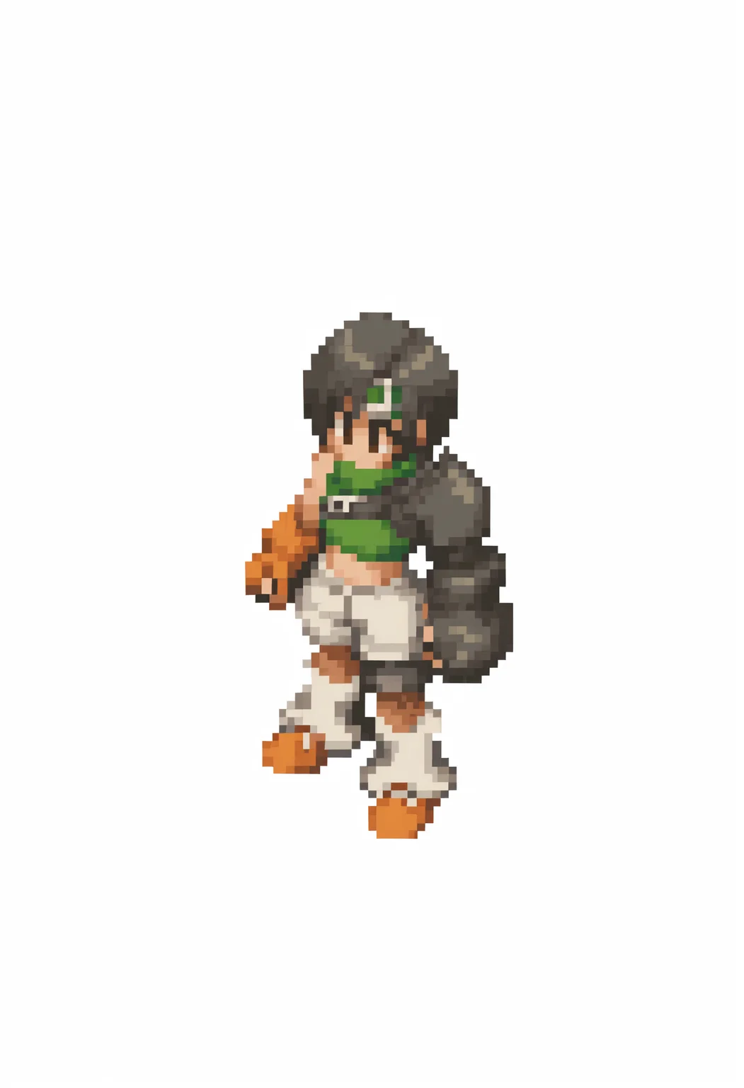 masterpiece, best quality, solo, 1girl, <lora:Yuffie-illus_Fp:1>, yuff7, short hair, black hair, brown eyes, forehead protector, green turtleneck, midriff, single pauldron, chest strap, single arm guard, orange gloves, fingerless gloves, white shorts, fishnets, leg warmers, orange sneakers, armor, single thighhigh, <lora:FFT-Sprites-illus_Fp:1>, looking at viewer, from side, full body, standing, solid oval eyes, no mouth, no nose, pixel art, simple background, white background,