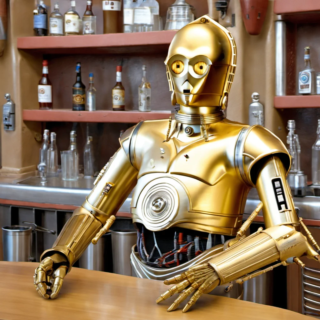 (c3po) getting drunk at bar on tatooine, <lora:c3po:1>