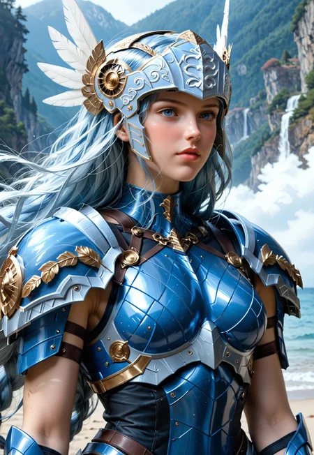 Beautiful woman, 24 years old. Fair skin. Smooth skin. Silvery blue hair. Incredible detail, high clarity. Free hair with braids. Long hair. Lips. 

Valkyrie helmet, winged helmet, beaked helmet.

Deep blue armor, metal armor, smooth armor. White pleated skirt. Good anatomy. Detailed face. 
