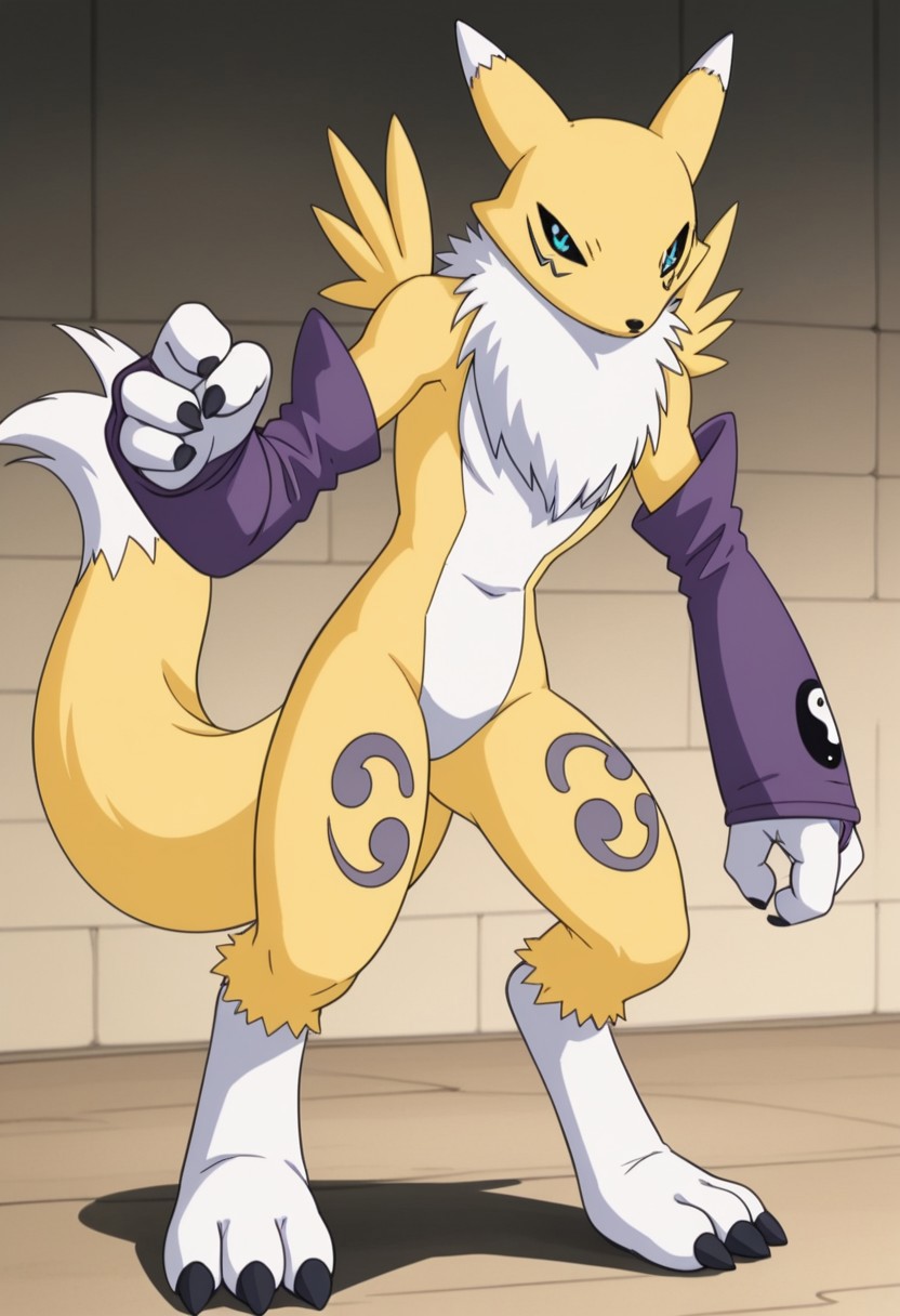 digimon (creature), solo, furry, fox ears, black sclera, blue eyes, body fur, white fur, yellow fur, purple gloves, yin yang, black claws, fox tail