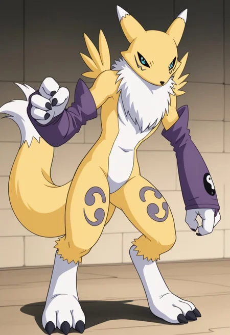 digimon (creature), solo, furry, fox ears, black sclera, blue eyes, body fur, white fur, yellow fur, purple gloves, yin yang, black claws, fox tail