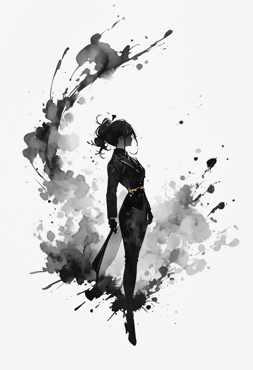 (best quality), sumi-e, watercolor style, ink splashes, silhouette art, Cyberpunk executive in a fancy black suit with subtle gold accents. ultra highres, absurdres, monochrome,