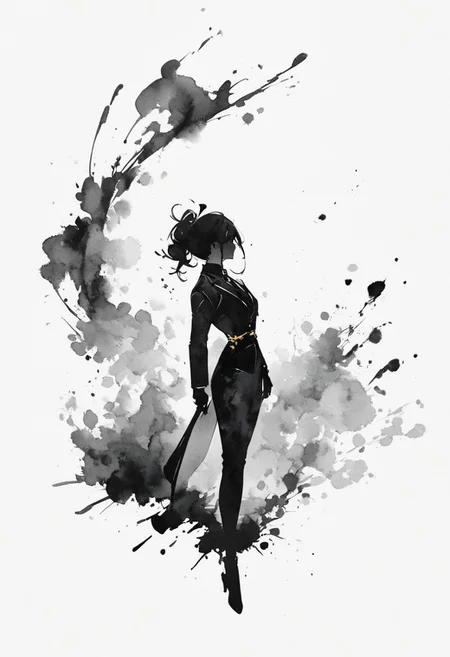 (best quality), sumi-e, watercolor style, ink splashes, silhouette art, Cyberpunk executive in a fancy black suit with subtle gold accents. ultra highres, absurdres, monochrome,