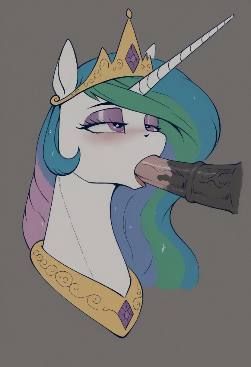 Score_9, score_8_up, score_7_up, str4y_pr3y, blue eyes, oral, fellatio, half-closed eyes, simple background, disembodied penis, hetero, feral pony, ((princess celestia, alicorn, multicolored mane)), solo female focus, blowjob, equine penis