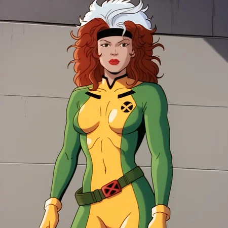 <lora:RogueTAS_pony_v1:1> RogueTAS, 1girl, yellow bodysuit, headband, lipstick, white hair, belt, makeup, brown hair, breasts, green bodysuit, two-tone hair, multicolored hair, gloves, long hair, red hair, retro artstyle, cowboy shot