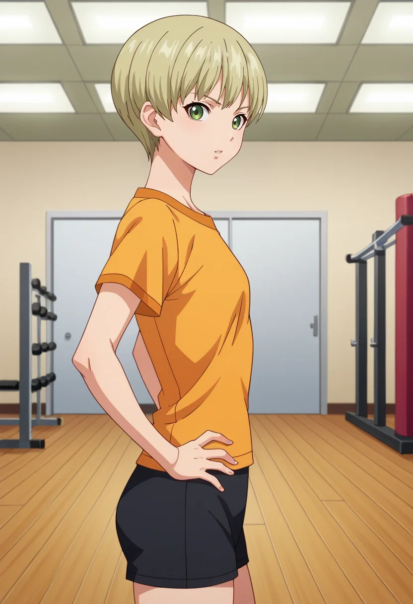 score_9,score_8_up,score_7_up,anime coloring BREAK source_anime,anime,1girl,solo,<lora:Pao-Lin_Huang__Dragon_Kid_ãã¡ã³ããªãªã³__ãã©ã´ã³ããã__TIGER__BUNNY__PonyXL>,paolinh,short hair,green eyes,blonde hair,orange shirt,black shorts,looking at viewer,standing,hands on hips,indoors,gym,looking_at_viewer,from_side,