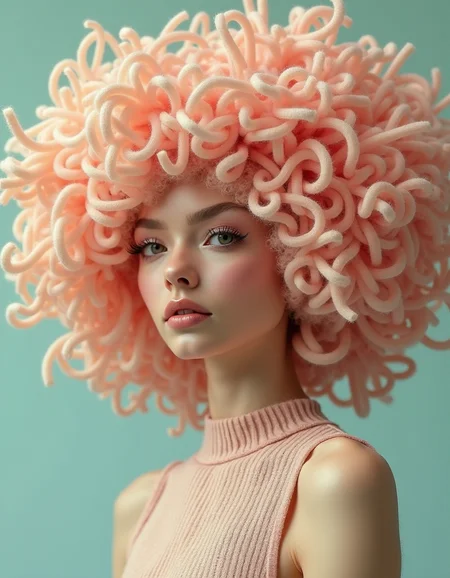 Portrait of a woman, with lush hair with voluminous shapes made of plastic noodles, surreal style, mix of natural and artificial, pastel tones, detailed hyperrealistic, 4K