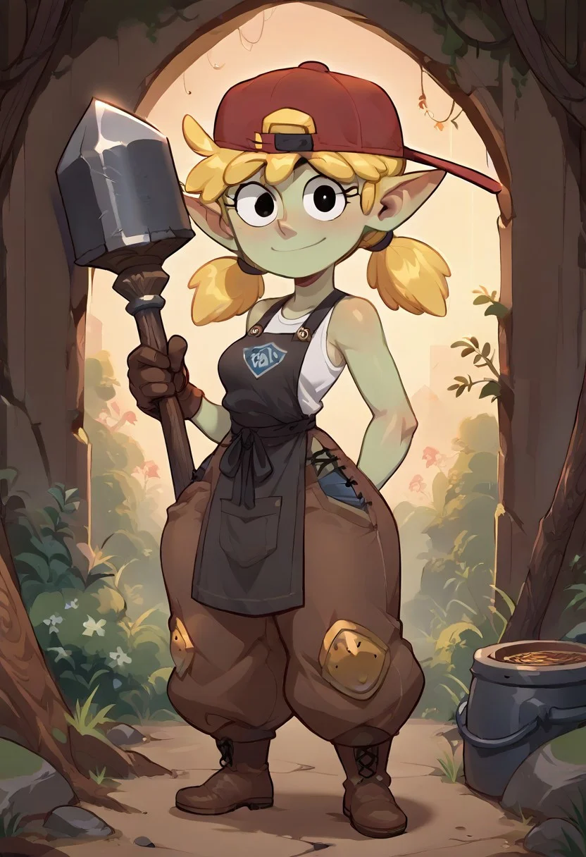 (score_9, score_8_up, score_7_up, score_6_up)
(masterpiece, best quality, very high quality, ultra detailed: 1.2)
(2D,show accurate)(Huffslove_Style:0.7)
(source_anime,not furry,source_furry)
(solo,alone)(25 yo,mature female)
(Perfect Hands,Perfect Eyes:1)
(indoors,cavern,blacksmith's forge,wood stove lit by fire,artifitial light)
(looking at viewer,smile)((holding a war hammer))
(4 fingers,short stack,goblin,green skin,long pointy ears)
(Knight Armor:1)
(fantasy mechanic)
(undershirt,blacksmith apron,bare arms and shoulders,brown gloves,leather belt,baggy pants,worker boots)
(Lana loud:1)(short hair, blonde hair,twintails, bangs, black eyes, cartoon eyes)
(red headwear, backwards hat)
(muscular arms,small breasts,small waist,wide hips,thick thighs,huge butt,thick calves,short legs)