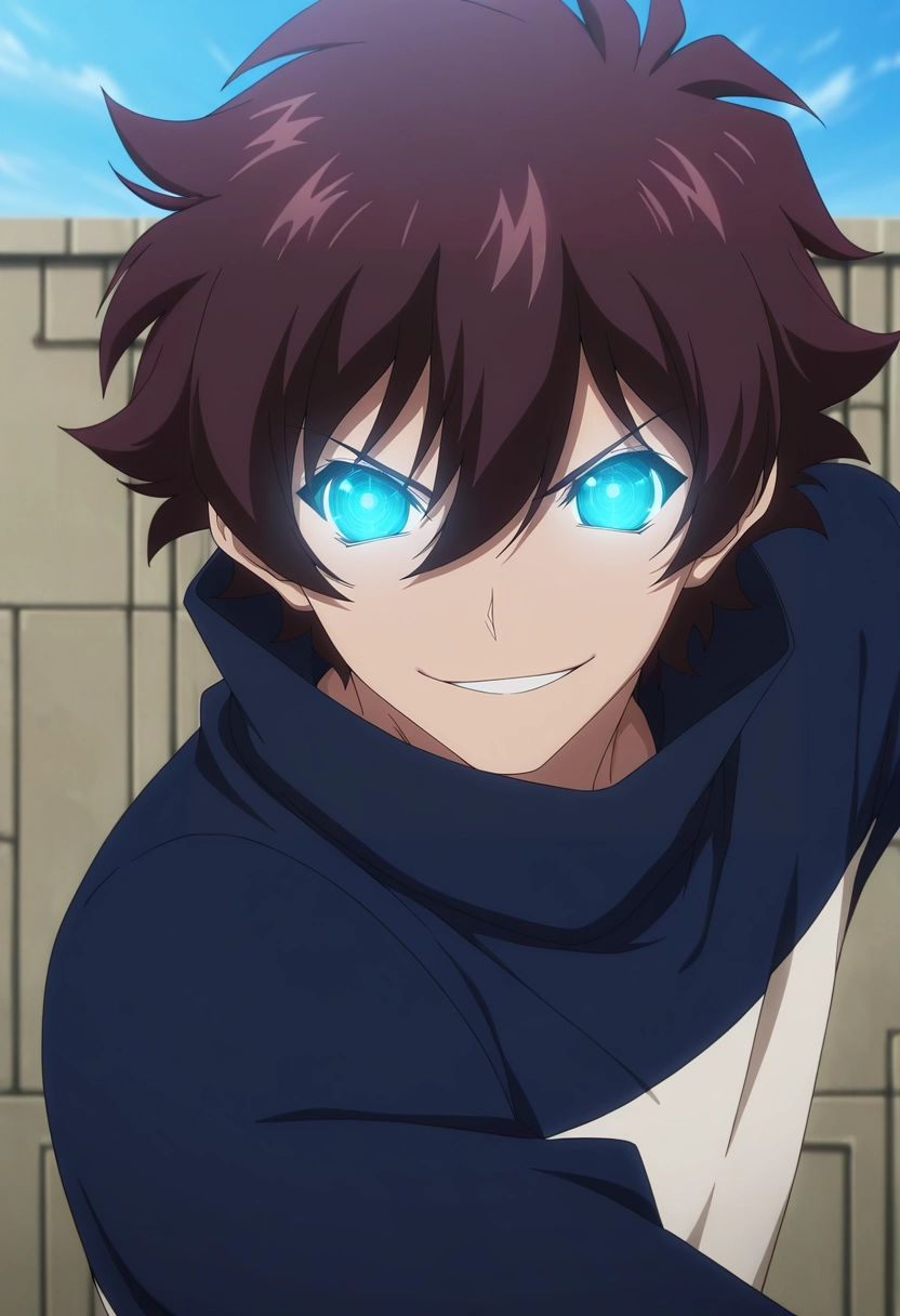 masterpiece, best quality, , anime screencap, anime coloring, , looking at viewer, 1boy, solo, male focus, <lora:leonardo_watch_ilxl:0.98>, leonardo_watch, brown hair, short hair, hair between eyes, bangs, blue eyes, glowing eyes, , close-up, great wall of china, day, (dynamic pose), naughty smile,