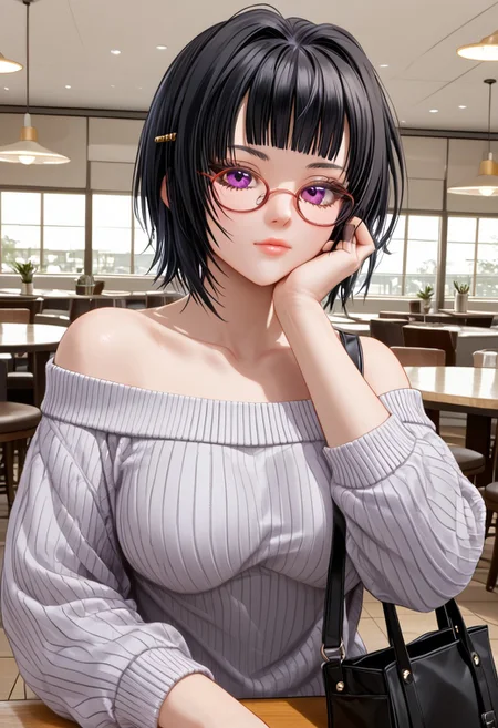 Masterpiece, best quality, high quality, highres, 4k, detailed face, anime style, Expressiveh, bmbplora, sona sitri, black hair, purple eyes, glasses, expressionless, short hair, center-flap bangs, medium breasts, off shoulder sweater, vertical striped sweater, shoulder bag, holding bag, checking watch, looking at wrist, hand up, café,