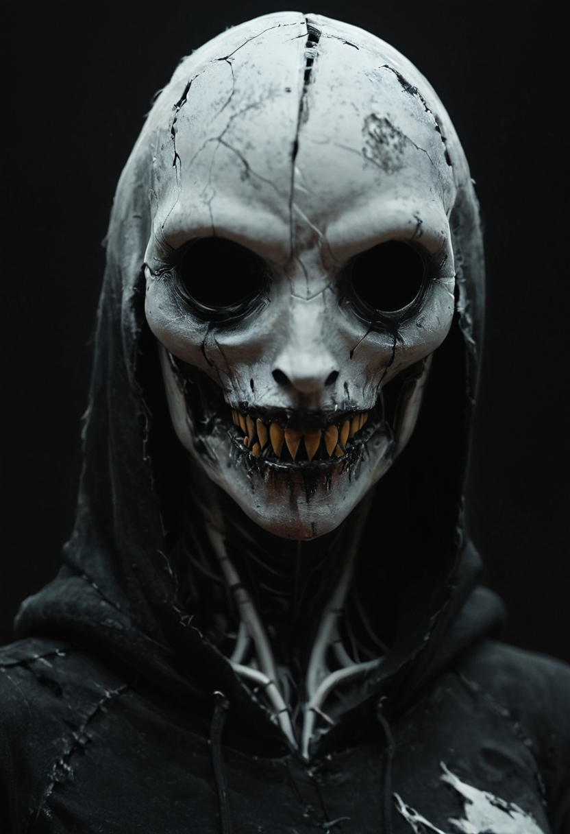 Horror-themed Horror-themed dutch angle, close shot,   1person, round emoji mask, white and red,  mad smile, lots of (sharp teeth:1.2) , hoodie,( simple black background:1.1) athletic,  <lora:20240625-1719322976670:0.95> FRESHIDEAS Dark RPG old-school style  <lora:Faceless_Cyborgs:0.4> noface, cyborg  <lora:DetailMaximizer:0.2> <lora:- SDXL - vanta-black_contrast_V3.0:1> . Eerie, unsettling, dark, spooky, suspenseful, grim, highly detailed . Eerie, unsettling, dark, spooky, suspenseful, grim, highly detailed,, .score_9, score_8_up, score_7_up,score_6_up, rating_safe