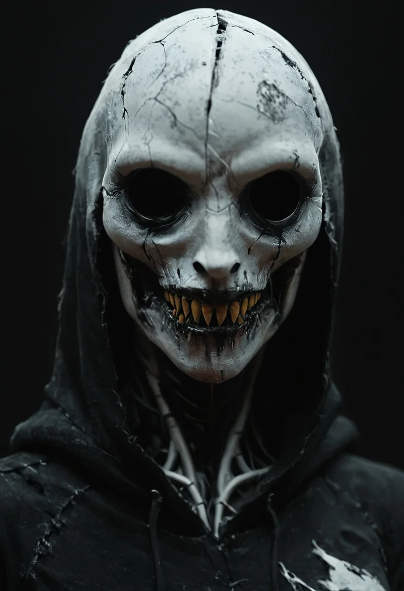 Horror-themed Horror-themed dutch angle, close shot, 1person, round emoji mask, white and red, mad smile, lots of (sharp teeth:1.2) , hoodie,( simple black background:1.1) athletic, <lora:20240625-1719322976670:0.95> FRESHIDEAS Dark RPG old-school style <lora:Faceless_Cyborgs:0.4> noface, cyborg <lora:DetailMaximizer:0.2> <lora:- SDXL - vanta-black_contrast_V3.0:1> . Eerie, unsettling, dark, spooky, suspenseful, grim, highly detailed . Eerie, unsettling, dark, spooky, suspenseful, grim, highly detailed,, .score_9, score_8_up, score_7_up,score_6_up, rating_safe
