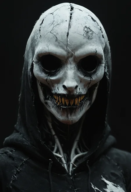 Horror-themed Horror-themed dutch angle, close shot,   1person, round emoji mask, white and red,  mad smile, lots of (sharp teeth:1.2) , hoodie,( simple black background:1.1) athletic,  <lora:20240625-1719322976670:0.95> FRESHIDEAS Dark RPG old-school style  <lora:Faceless_Cyborgs:0.4> noface, cyborg  <lora:DetailMaximizer:0.2> <lora:- SDXL - vanta-black_contrast_V3.0:1> . Eerie, unsettling, dark, spooky, suspenseful, grim, highly detailed . Eerie, unsettling, dark, spooky, suspenseful, grim, highly detailed,, .score_9, score_8_up, score_7_up,score_6_up, rating_safe