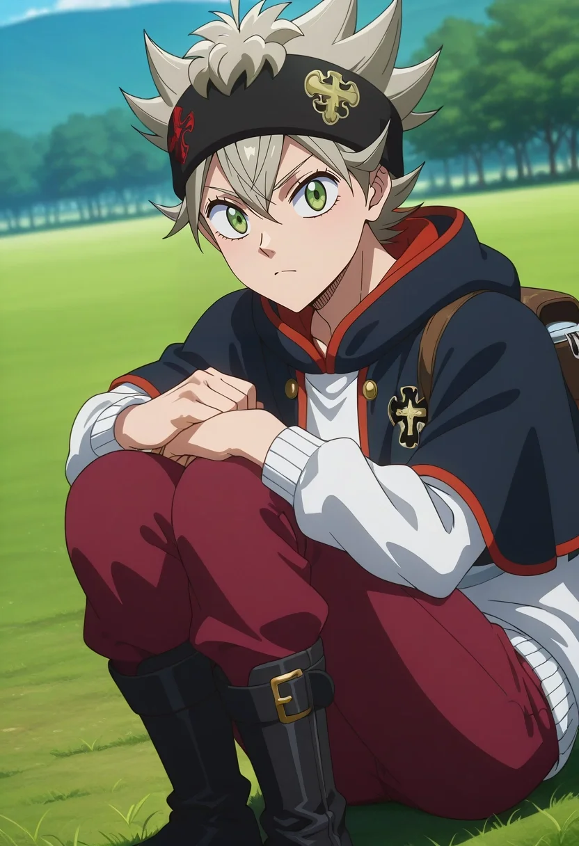 masterpiece, best quality, intricate details, anime screencap, anime coloring, , looking at viewer, 1boy, solo, male focus, <lora:asta_black_clover_ilxl:0.92>, asta_black_clover, grey hair, green eyes, short hair, spiked hair, black headband, black capelet, , Fair Isle PoppyRed Linen-cotton trousers, Varsity sweatshirt, Chukka boots, Beanie, Rucksack with Hydration System and