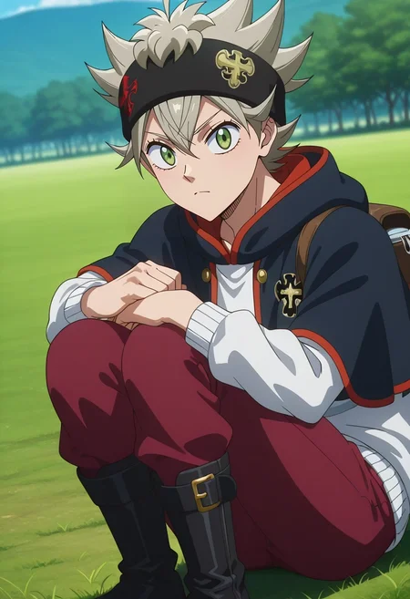 masterpiece, best quality, intricate details, anime screencap, anime coloring, , looking at viewer, 1boy, solo, male focus, <lora:asta_black_clover_ilxl:0.92>, asta_black_clover, grey hair, green eyes, short hair, spiked hair, black headband, black capelet, , Fair Isle PoppyRed Linen-cotton trousers, Varsity sweatshirt, Chukka boots, Beanie, Rucksack with Hydration System and