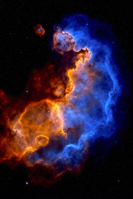 <lora:Vibrant_Nebula_2:0.8> VibrantNebula style.
A glowing galactic canvas unfurls across space, filled with roiling nebular forms in molten amber, deep crimson, and spectral azure, swirling in an asymmetric arc against a field of glittering white and orange stars. The left region flares with fiery clouds reminiscent of burning ember clusters, while the right transitions into translucent blue filaments resembling ionized plasma flows. Rendered in enhanced narrowband imaging style with smooth gradient transitions and soft volumetric shadows, the scene captures the dynamic interplay of interstellar gases. A medium-wide perspective emphasizes balance between chaos and clarity, forming a layered visual narrative of starbirth and cosmic collision amidst the silence of vacuum.