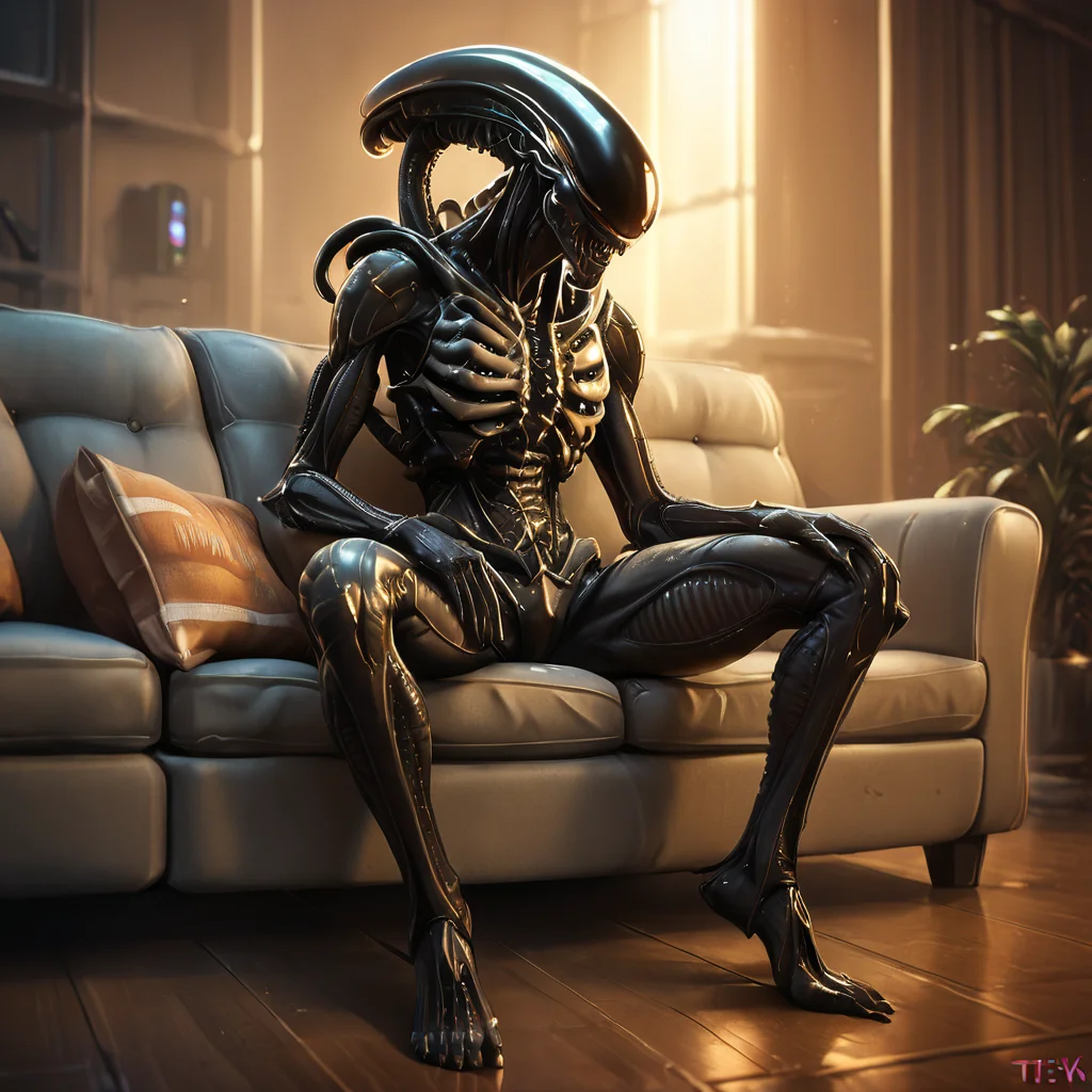 score_9, score_8_up, score_7_up, score_6_up, score_5_up, score_4_up, source_anime, Xenomorph, alien, sitting, couch, watching tv,