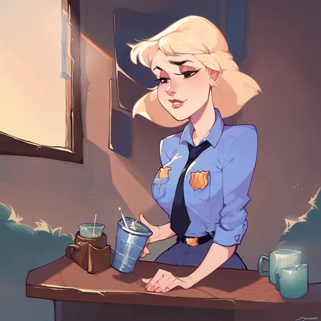 score_9, score_8_up, score_7_up, score_6_up, score_5_up, score_4_up, mirandawright in the police station sitting at her desk, <lora:MirandaWright_XL:1> short hair, blonde hair, police uniform, large breasts, solo