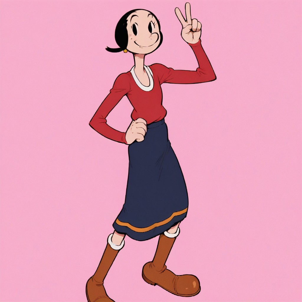 score_9, score_8_up, score_7, BREAK, olive_oyl, black hair, shirt, skirt, boots, v, smile, looking at viewer,