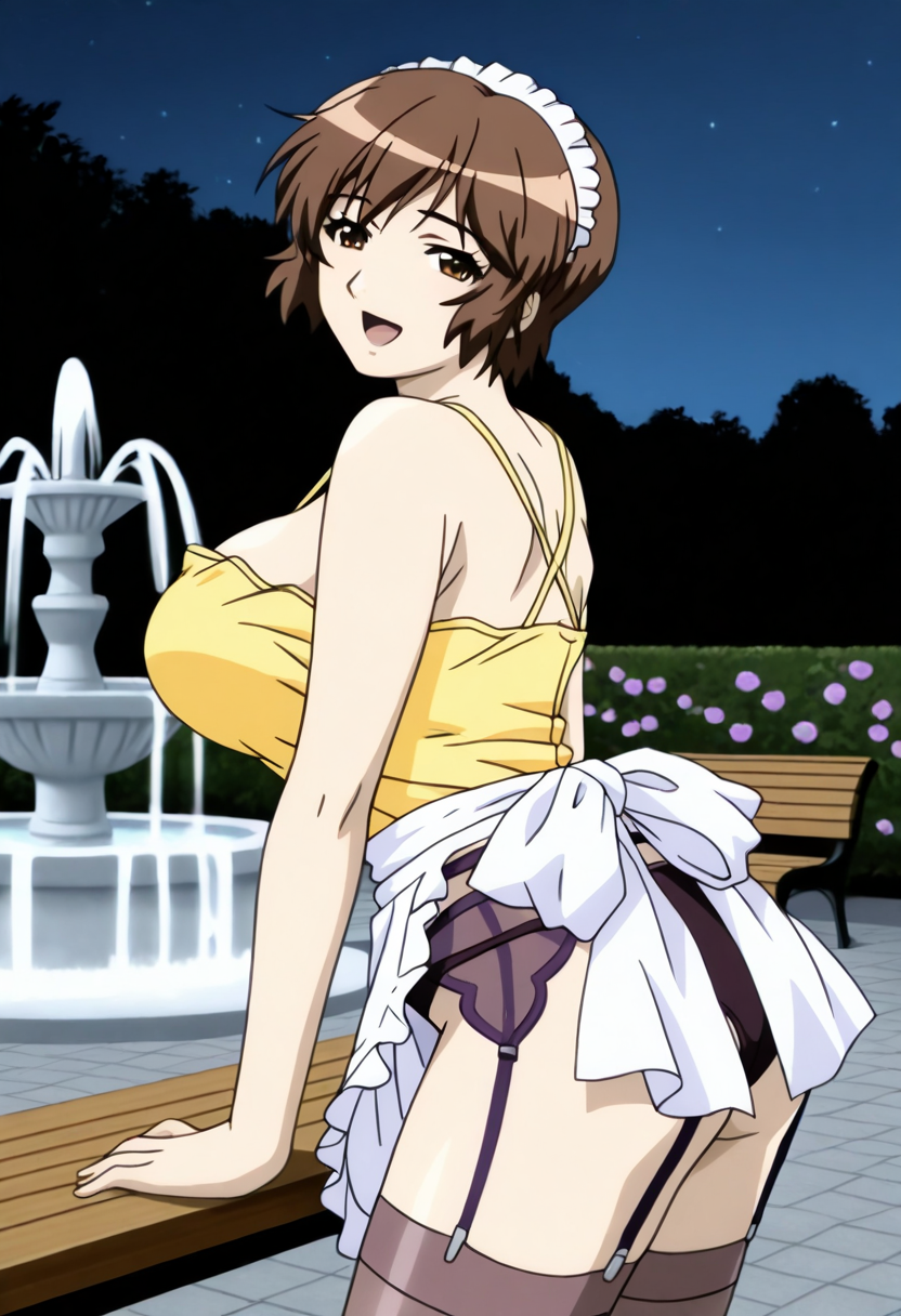nonomiya momoko,1girl,brown hair,cleavage,brown eyes,short hair,large breasts,apron,maid headdress,garter belt,stockings,yellow sleeveless shirt,side shot,Standing, back to the camera, over-the-shoulder glance, arched back,looking at viewer,Laughing softly with a playful expression,Garden, flowers, bench, fountain,Night,masterpiece,best quality <lora:Nonomiya_Momoko:1.0>