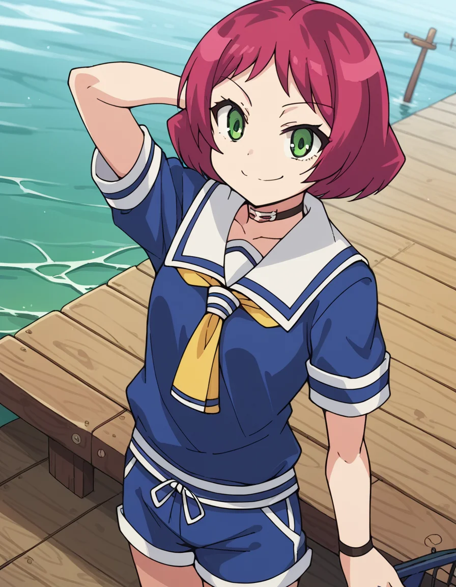 score_9, score_8_up, score_7_up, source_anime, <lora:kosuri-onigashira-s1-ponyxl-lora-nochekaiser:1>, kosuri onigashira, short hair, green eyes, red hair,, school uniform, shorts, choker, blue shorts, serafuku, yellow neckerchief, blue shirt, white sailor collar, pier, wood, water, fishing, dock, smile, hand behind head, , looking at viewer, solo,, dutch angle, cowboy shot