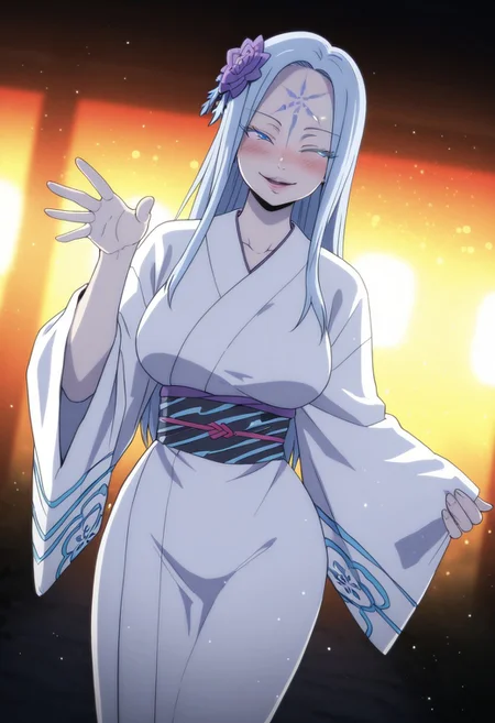 HakuneFT, 1girl, solo, pale skin, pale blue hair, long hair, hair flower, blue eyes, eyelashes, lips, large breast, thick thighs,snowflake pattern mark on forehead, sash, hair ornament, japanese clothes, western yukata, white kimono, flower ornament, intricate designs, wide sleeves, tabi,
,seductive pose, sexy pose, tease,
masterpiece, best quality, fine details, intricate details, depth of field, subsurface scattering, bokeh,
ultra-detailed, very aesthetic, detailed background, newest, scenery, highres, absurdres, colorful, vibrant, glowing, perfect face, 2d, perfect eyes, vibrant saturated colors, volumetric lighting, sharp, detailed eyes, perfect anatomy, perfect face, perfect eyes, mature body, clear eyes, beautiful eyes, athletic, curvy body, athletic girl, perky tits, perfect tits, round breasts, pinup pose, teasing, lustful expression, perfect hands,
muscular female, dutch angle,
looking at viewer, ^_^, blushing, wide smile, laughing ,,
,Smooth Negative, Smooth_Quality,