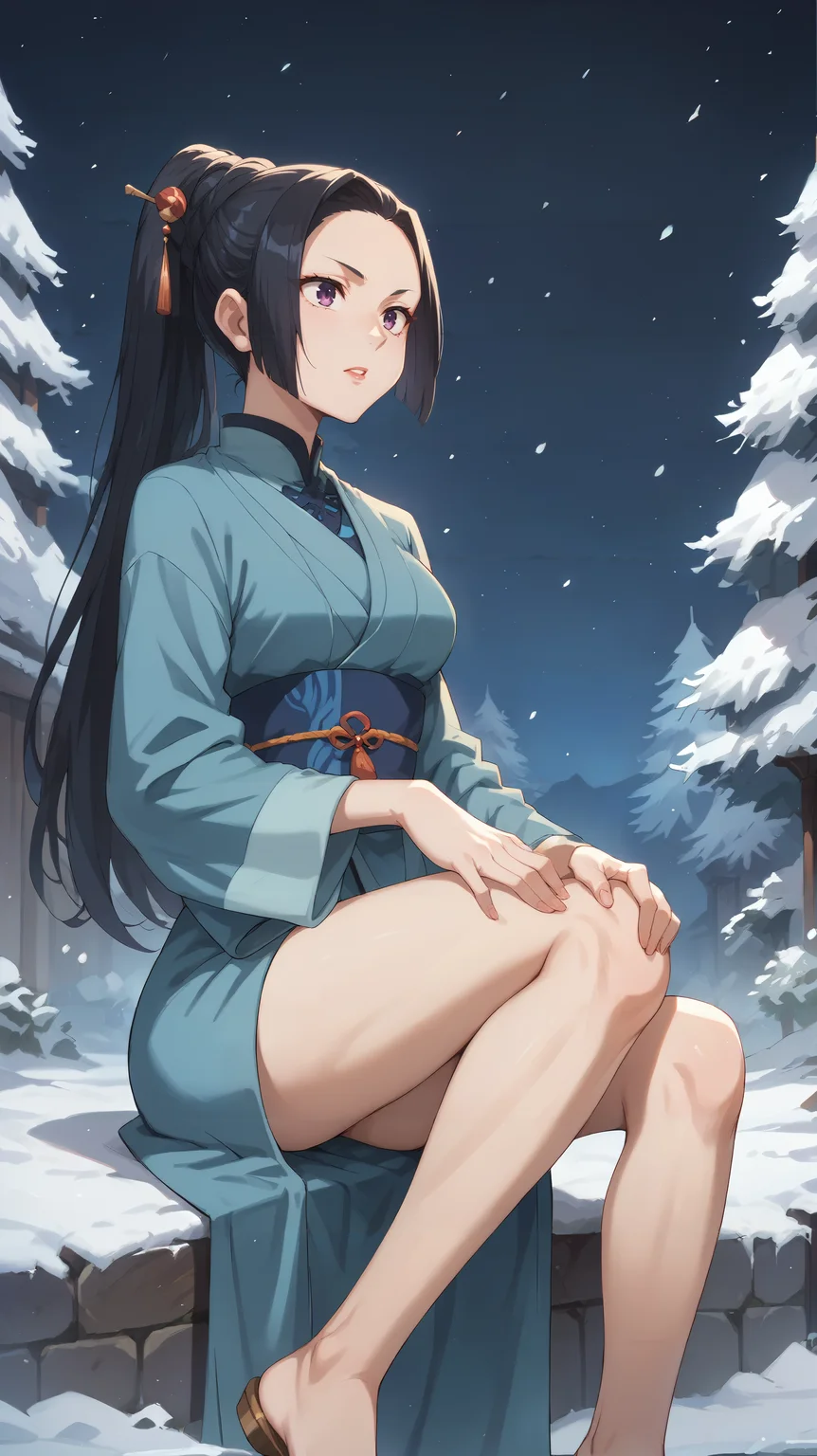 score_9,score_8_up,score_7_up,score_6_up, source_anime, zPDXL, <lora:xl_more_art-full_v1:0.5>, <lora:Wakfu_CartoonV02:0.5>, woman, long hair, black hair, ponytail, hairpin, purple eyes, blue kimono, blue obi, <lora:Sairitz Kahara - Pony-000004:0.8>, sitting parallel to the camera, hand on knee, dynamic pose, night time, darkness, night sky, winter, snowing, winter forest, outdoors,