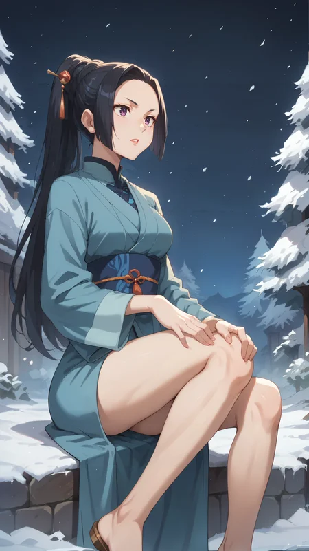 score_9,score_8_up,score_7_up,score_6_up, source_anime, zPDXL, <lora:xl_more_art-full_v1:0.5>, <lora:Wakfu_CartoonV02:0.5>, woman, long hair, black hair, ponytail, hairpin, purple eyes, blue kimono, blue obi, <lora:Sairitz Kahara - Pony-000004:0.8>, sitting parallel to the camera, hand on knee, dynamic pose, night time, darkness, night sky, winter, snowing, winter forest, outdoors,