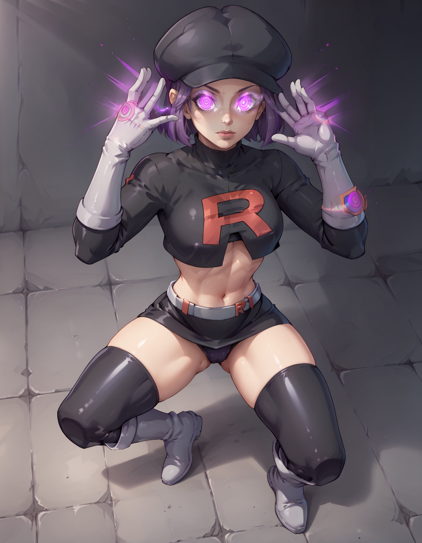score_9, score_8_up, score_7_up, score_6_up, score_5_up, score_4_up, BREAK, 1girl, full body, <lora:TMRckt:0.9>, TMRckt, team rocket, team rocket uniform, ((clothes writing)), purple eyes, glowing eyes, mind control