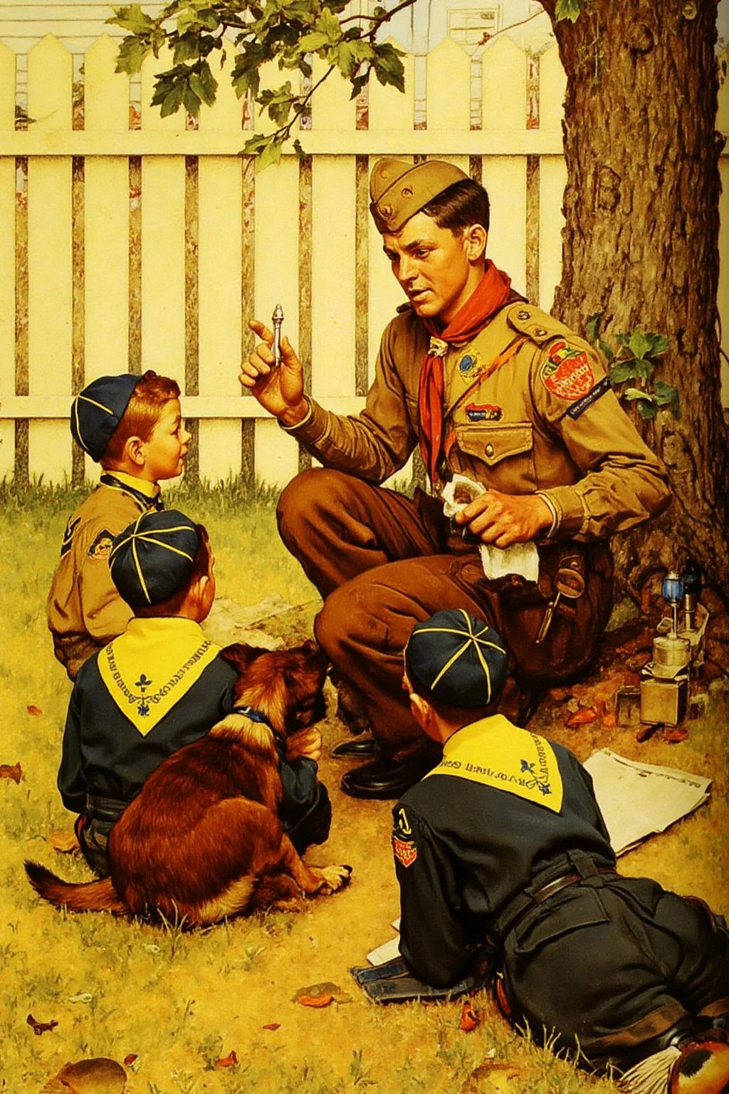 normanrockwell1 painting.
Three Boy Scouts are in a suburban backyard.
In the center is the Scout leader sits on the ground, dressed in a brown uniform with a red tie and a cap with a red and white emblem. He holds a small, shiny object in his left hand and gestures with his right.
In the foreground are two children and a small dog, their backs to the vier,
sitting on the ground and listening.
<lora:normanrockwell1_cap_d6a3e12:1.0><lora:841444343370871272:0>