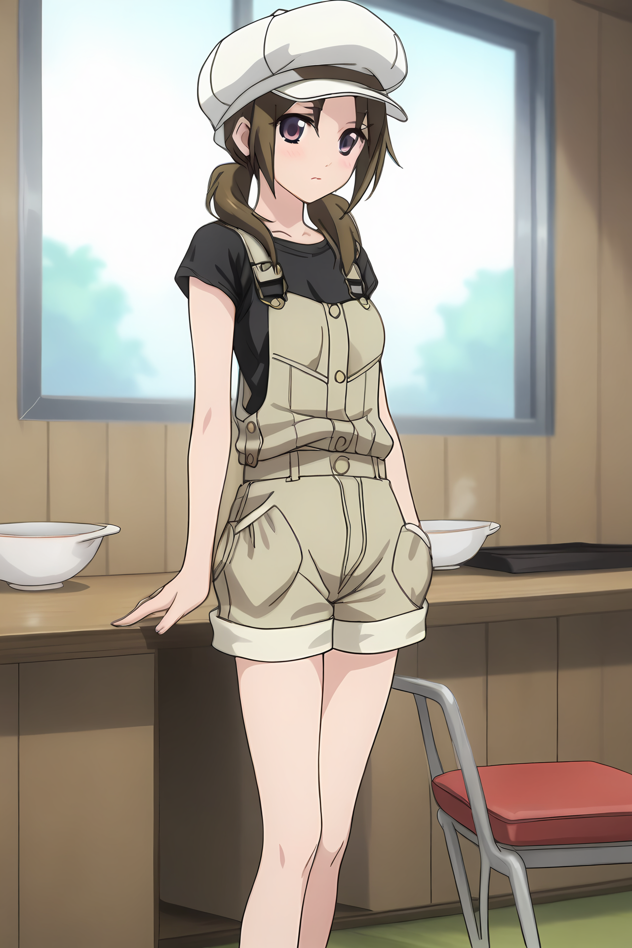 (short overalls black shirt:1.50), cpc-ichika, brown hair, short hair, low twintails, parted bangs, purple eyes,
1girl, solo, skinny, (source_anime, score_9, score_8_up, score_8, score_7_up), score_7, score_6_up, score_6, score_5_up, score_5, 
(blush:1.10),
(kitchen:0.90),
(standing:1.60), (feet:1.20),
cabbie hat, 
medium breasts
<lora:cpc-ichika-V02:0.90>