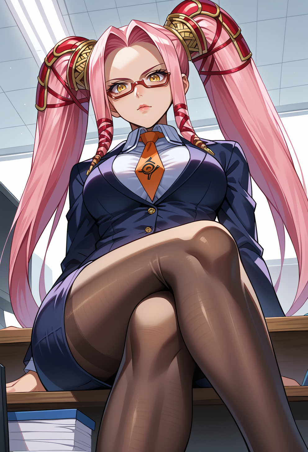 score_9, score_7_up, source_anime, solo, BREAK <lora:AEPi:0.9> AEPi, yellow eyes, pink hair, long hair, sidelocks, twintails, red-framed eyewear, under-rim eyewear, semi-rimless eyewear, glasses, hair ornament, 
office lady, pencil skirt, pantyhose, crossed legs, office, jacket, dress shirt, necktie, from below, foot focus,