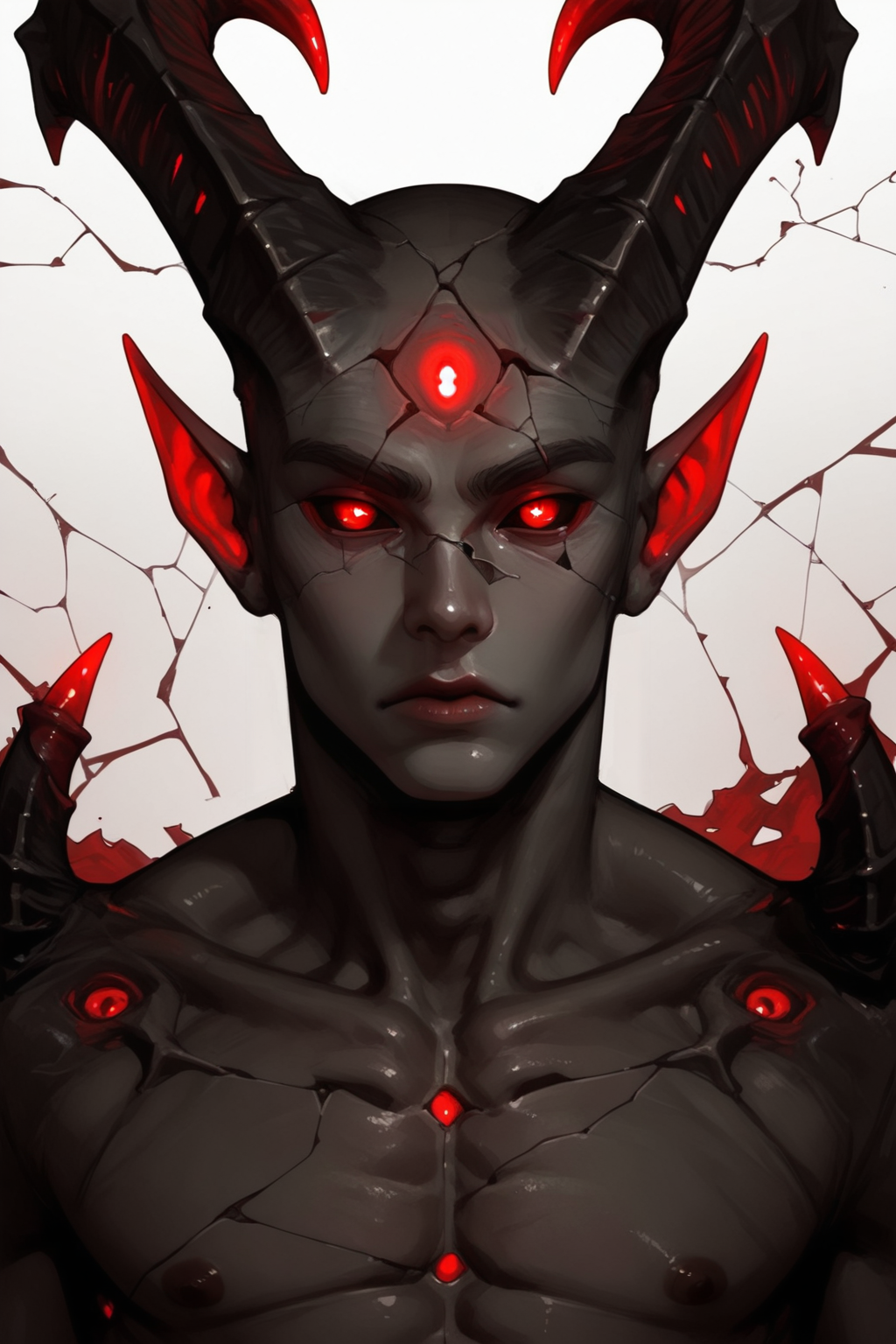 solo, horns, red eyes, colored sclera, black sclera, looking at viewer, 1boy, portrait, colored skin, closed mouth, glowing, cracked skin, glowing eyes
