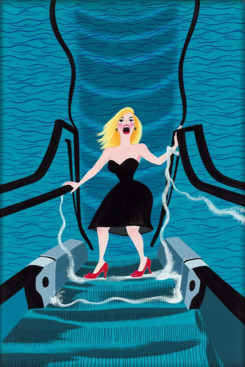 maryblair2 illlustration.
a woman in a chic little black dress and vibrant red high heels, gracefully descending an escalator. She wears black lipstick and is screaming. Her attire exudes elegance and sophistication, with the red heels providing a bold pop of color against the classic black dress. The escalator itself, typically found in a mall or airport, leads downwards into an unexpected and dreamlike destination -- pool of rippling water. The water is blue and ripples as the escalator's steps disappear beneath the surface.
 <lora:maryblair3_cap_d6a3e9:1.0><lora:855877677591081265:0>
