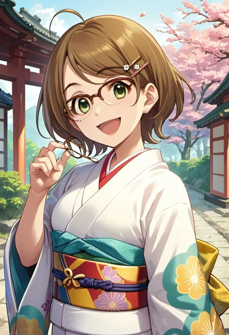 score_9, score_8_up, score_7_up, source_anime, tsuchiya ako, short hair, brown hair, glasses, green eyes, 1girl, maneki-neko, japanese clothes, hair ornament, kimono, hairclip, solo, mole, smile, ahoge, open mouth, obi