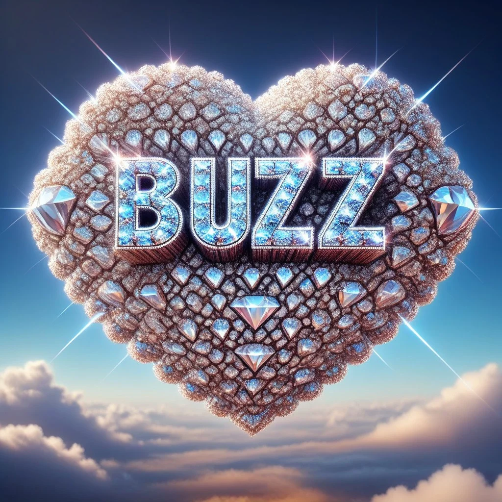 diamondMW, countless diamonds, blue buzz, the word "Buzz" made of diamonds on a cloud, fluffy cloud sky background, masterpiece, high detail, (photographic medium), volumetric light.
