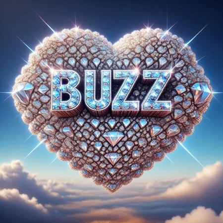 diamondMW, countless diamonds, blue buzz, the word "Buzz" made of diamonds on a cloud, fluffy cloud sky background, masterpiece, high detail, (photographic medium), volumetric light.