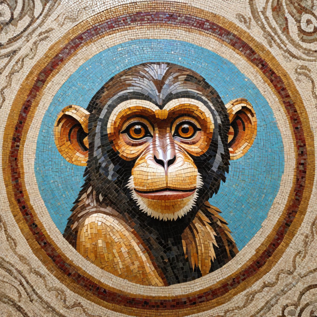 roman mosaic of monkey, ,<lora:Roman_Mosaic:0.8>, (masterpiece, best quality, high quality, highres, ultra-detailed),